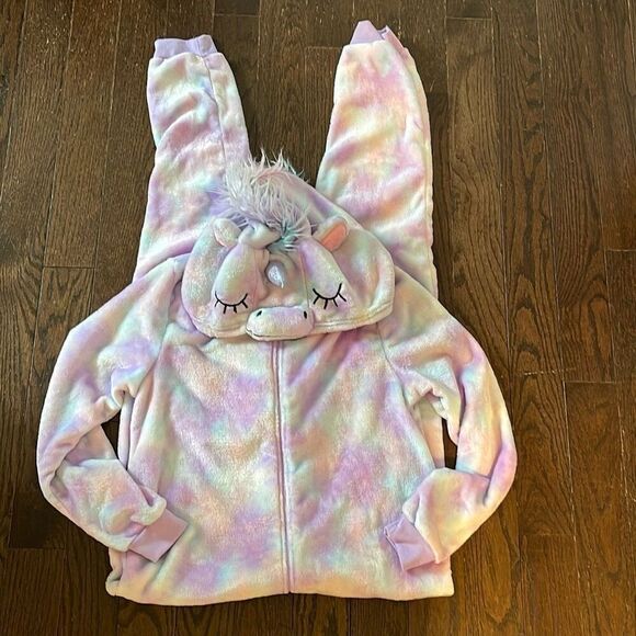 Peace Love & Dreams Womens Tie Dye‎ Unicorn Hooded Onesie Pajama Purple Sz Large - Picture 1 of 5